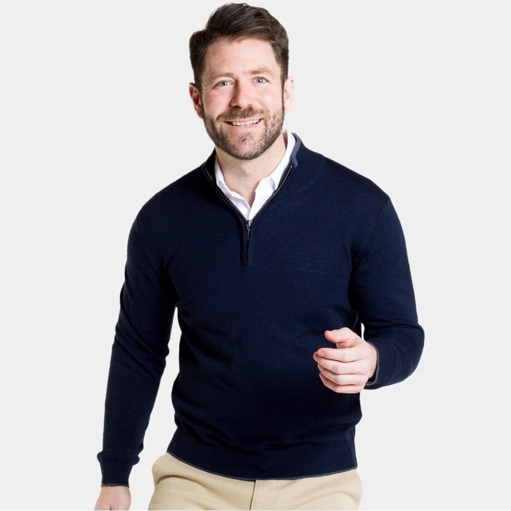 Ash & Erie Merino Wool Quarter Zip Sweater Mens XL Navy Blue.  Office casual  17